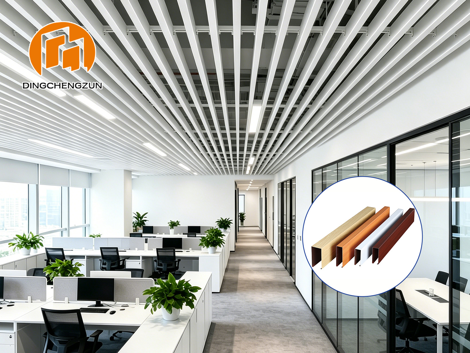 Système de plafonds linéaires à baffles en aluminium pour l'intérieur des immeubles de bureaux