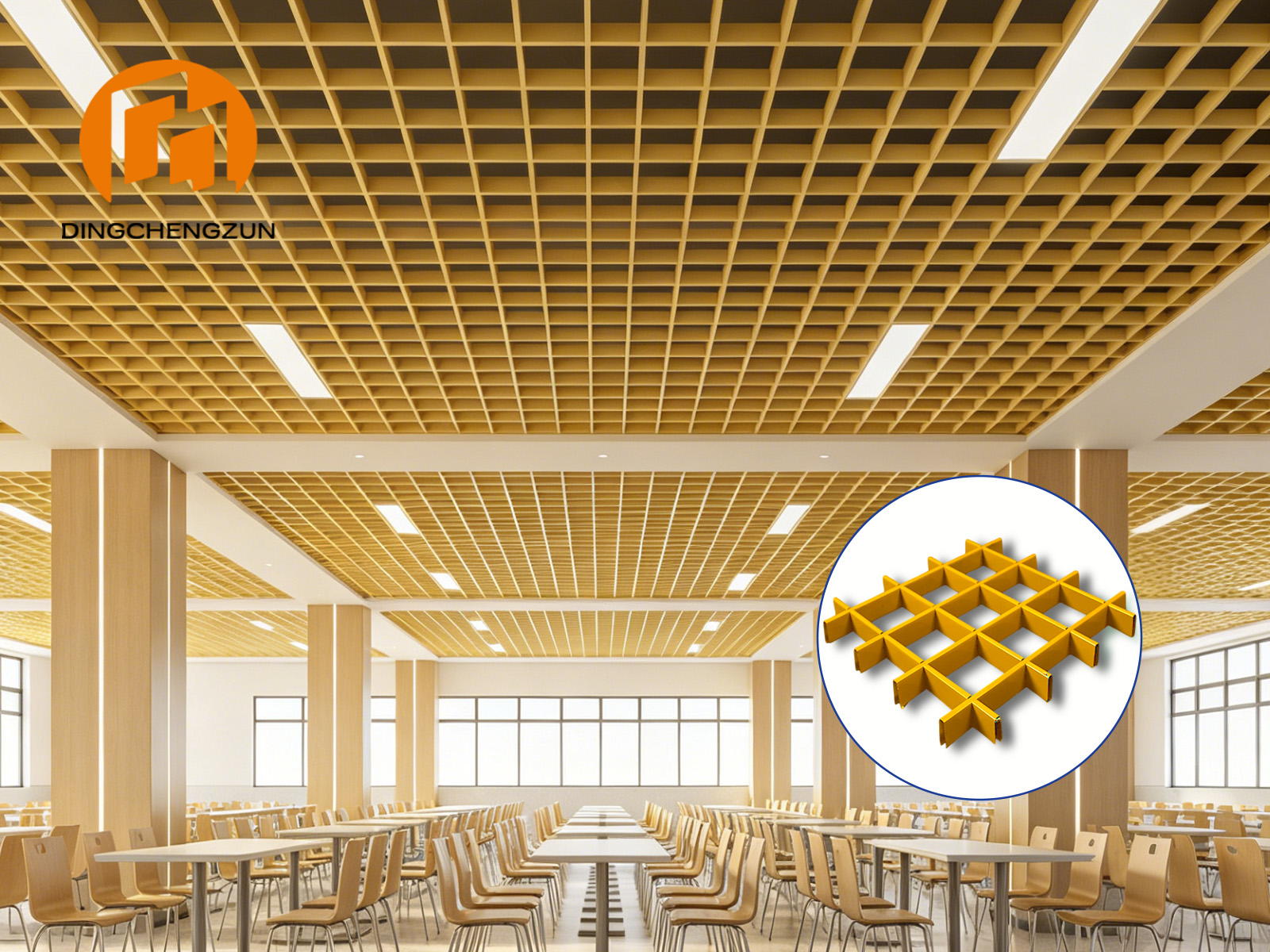 Système de plafond métallique ouvert pour l'intérieur des cafétérias universitaires