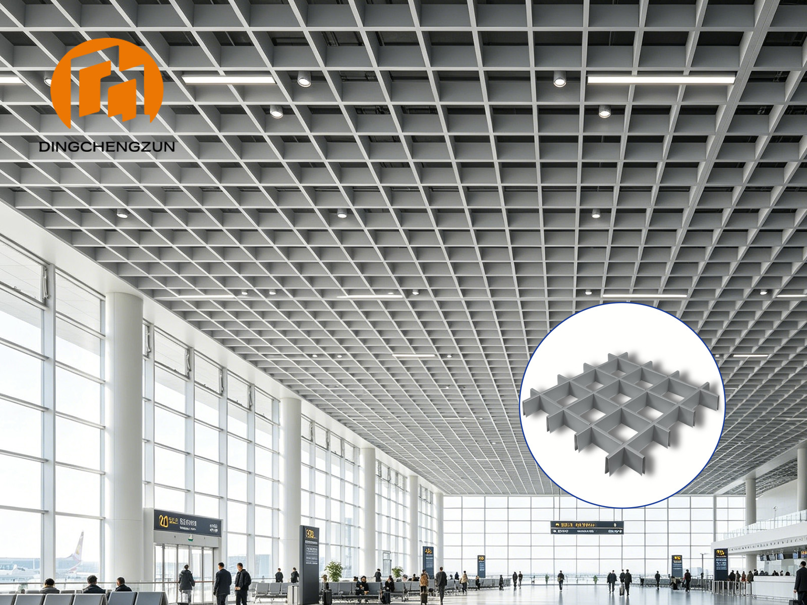 Système moderne de plafonds à grilles d'aluminium dans les halls d'aéroport