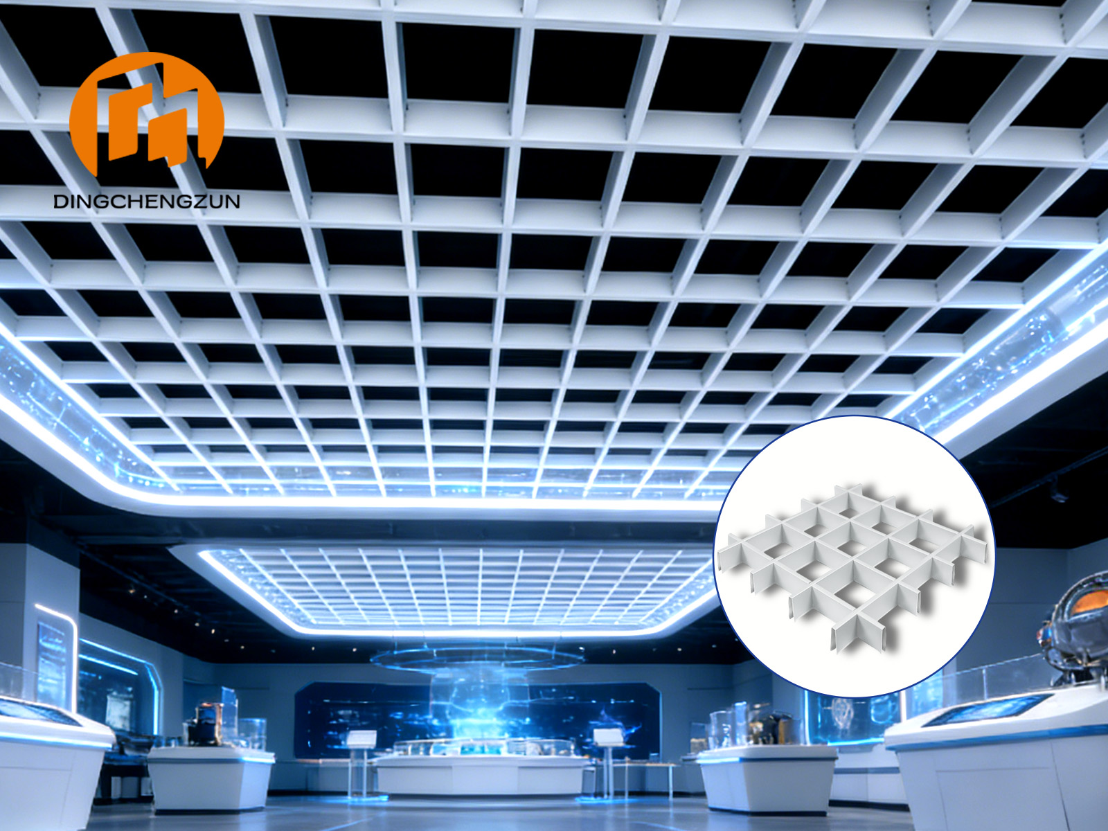 Système moderne de plafonds à grille métallique dans les centres d'exposition